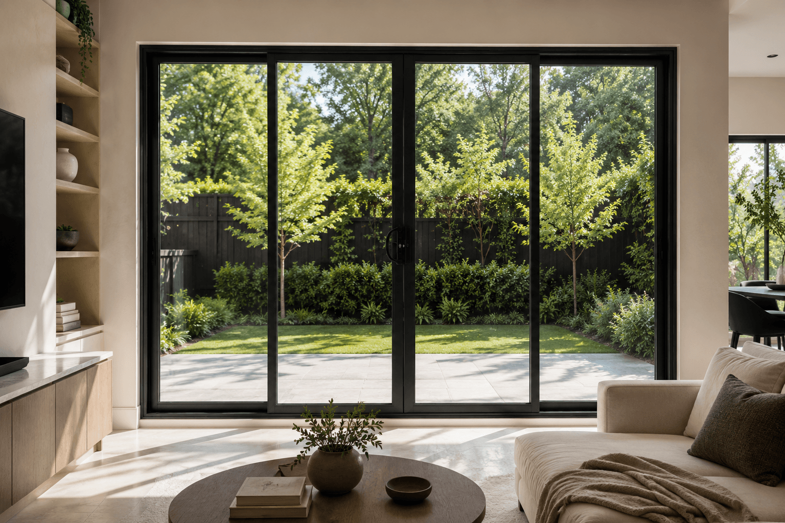Series 102 sliding doors opening a living room to a terrace